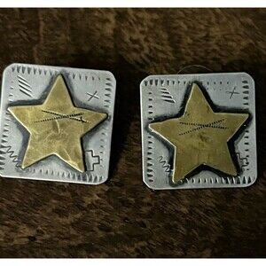 Vintage Signed Sandy Comstock Sterling 925 & Brass Star Stamped Post Earrings